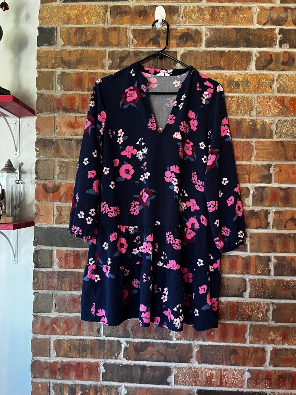 GAP Mini Floral Shift Dress Tiered Bottom Women’s M Navy Blue Cottagecore